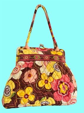 Authentic Vera Bradley Quilted Yellow Pink Brown Floral Shoulder Bag Purse